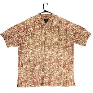 Eddie Bauer Linen Button Up‎ Shirt TXL Men Floral Geometric Tan Red Short Sleeve